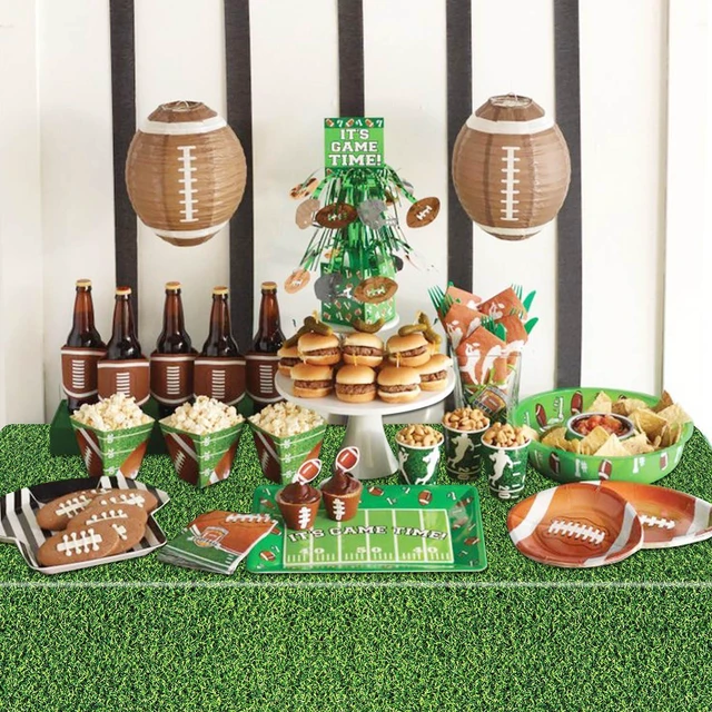 Alt view image 4 of 7 - 4Pcs Green Grass Rectangular Tablecloths 86.6"x51.2" for Jungle Woodland Golf Soccer Football Event Sports Party Supplies