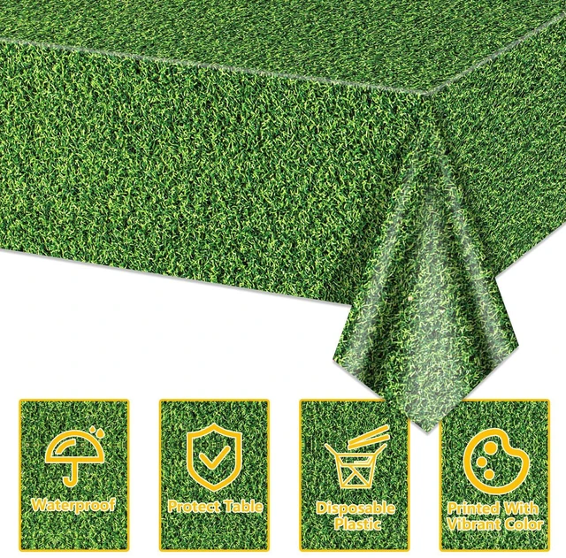 Alt view image 7 of 7 - 4Pcs Green Grass Rectangular Tablecloths 86.6"x51.2" for Jungle Woodland Golf Soccer Football Event Sports Party Supplies