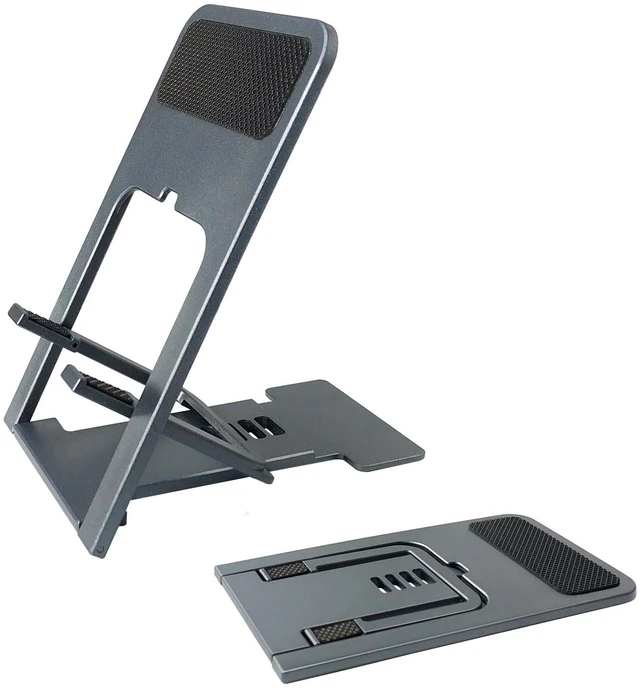 Main image of POQOD Ultrathin Fully Foldable Phone Stand for Desk Compatible with iPhone 16 15 14 13 12 11, Nintendo Switch, All Phones, Grey