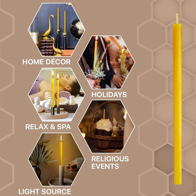 Alt view image 2 of 6 - Natural Candles 7-Inch (15-Pack) - Pure Deep Yellow Bee Wax, Great Honey Scent, Cotton Wicks - 100% Eco-Friendly Candles for Decoration, Home, Birthday Cake 110440