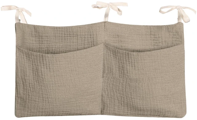 Main image of Baby Nappy Bag Organizer with Milk Bottle and Bib Storage, Bedside Hanging, Khaki Cotton