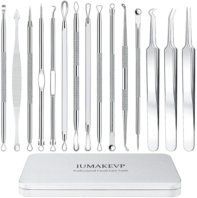 Main image of IUMAKEVP 15-Piece Professional Stainless Steel Blackhead Remover Comedone Extractor Tool Kit with Metal Case (Silver)