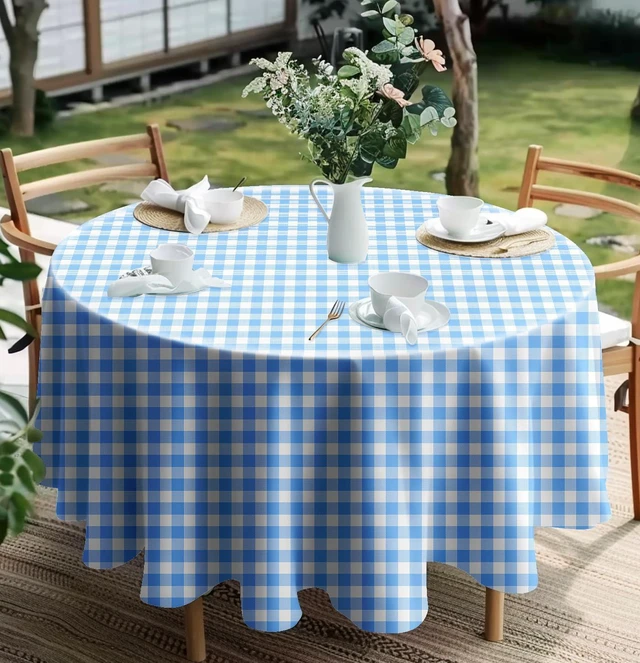 Alt view image 2 of 7 - HEIPINIUYE 2 Pack Blue and White Round Checkered Disposable Plastic Tablecloth 84x84 for Round Table Party Picnic Camping Birthday