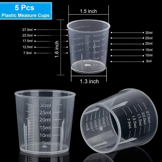 Alt view image 7 of 7 - 30ml (1oz) Plastic Measuring Cups, 5-Pack, Transparent, Mini Clear Graduated Beakers for Kitchen, Medicine, Baking, Lab