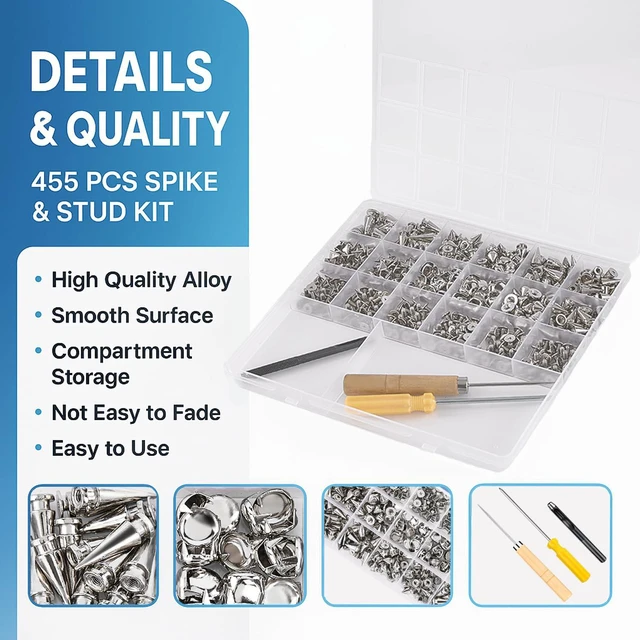 Alt view image 4 of 7 - Craluuur 455 Piece Studs and Spikes Kit Punk Metal for Clothing