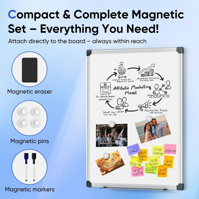 Alt view image 7 of 7 - VUSIGN 24"x18" Magnetic Dry Erase Board with Silver Frame, Wall-Mounted for Office, Home, School - Includes 1 Eraser, 2 Multicolor Markers, 4 Magnets