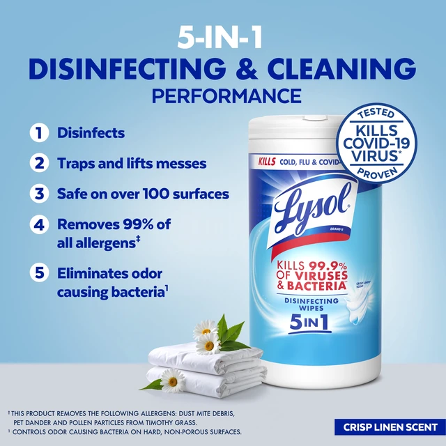 Alt view image 5 of 5 - Lysol Disinfecting Wipes, All Purpose Multi Surface Antibacterial, Crisp Linen Scent, 80Count