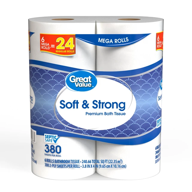 Alt view image 2 of 6 - Great Value Soft & Strong Premium Toilet Paper, 6 Mega Rolls, 380 Sheets per Roll