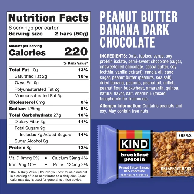Alt view image 6 of 6 - KIND Breakfast Peanut Butter Banana Dark Chocolate Gluten Free Protein Snack Bars, 1.76 oz, 6 Count