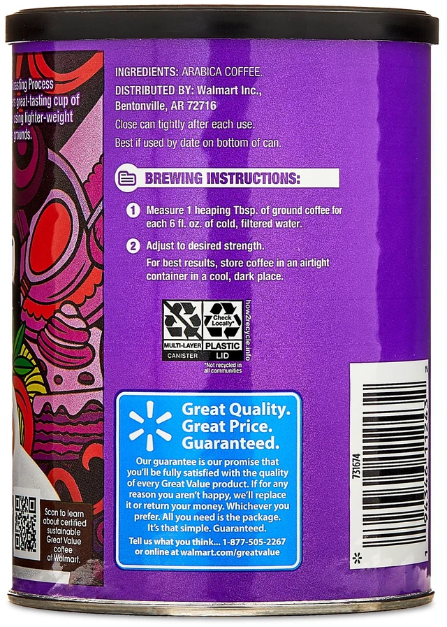 Alt view image 6 of 6 - Great Value Colombian Roast Ground Coffee, Naturally Caffeinated, 9.6oz Canister