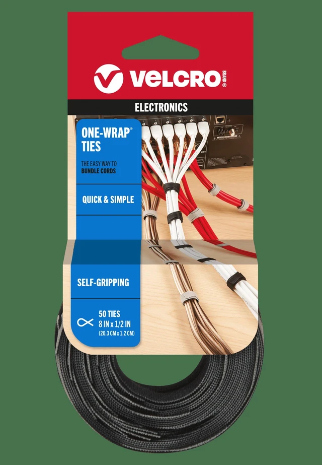 Main image of VELCRO Brand ONE-WRAP Ties 8in x 1/2in, Gray & Black, 50 Count