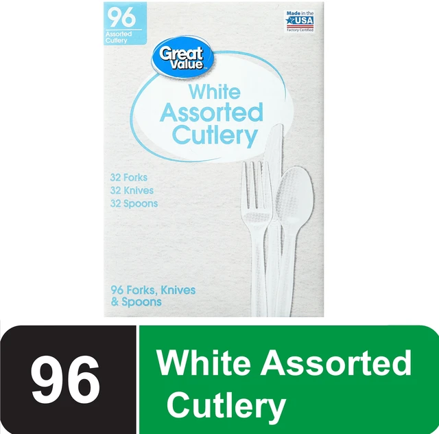 Main image of Great Value Plastic Disposable Cutlery Set 96 Count, White, 32 Forks, 32 Spoons, 32 Knives