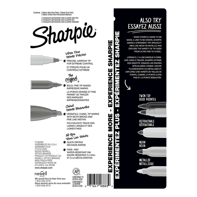 Alt view image 2 of 6 - Sharpie Multi-Tip Pack Permanent Markers, Fine/Ultra Fine/Chisel Tip, Black, 6 Count