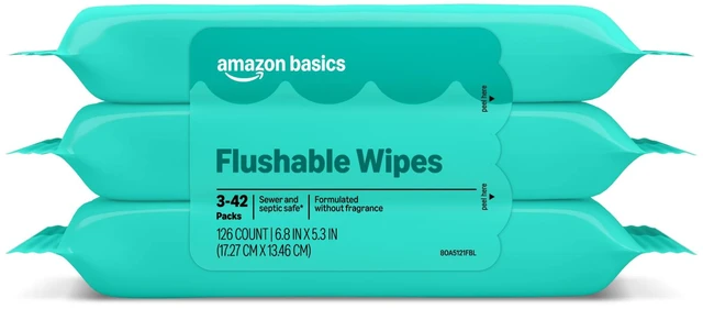Main image of Amazon Basics Flushable Wipes Fragrance Free Adult Wet Wipes 126 Count (3 Packs of 42)