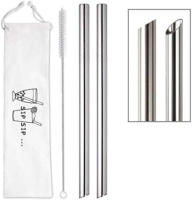 Main image of 2 Pcs Jumbo Reusable Stainless Steel Bubble Tea Straws, 0.5" Wide Angled Tips, for Boba, Smoothies, Milkshakes, with Cleaning Brush and Case