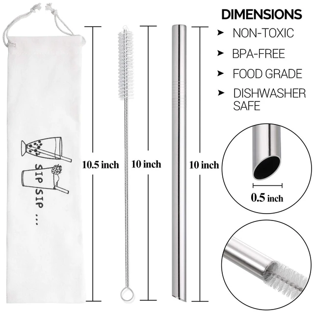 Alt view image 4 of 7 - 2 Pcs Jumbo Reusable Stainless Steel Bubble Tea Straws, 0.5" Wide Angled Tips, for Boba, Smoothies, Milkshakes, with Cleaning Brush and Case