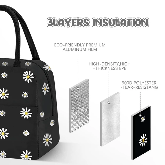 Alt view image 4 of 7 - Reusable Insulated Lunch Bag With Daisy Pattern, Portable Thermal Small Cooler Tote for Women Men Adult, for Work and Any Occasion