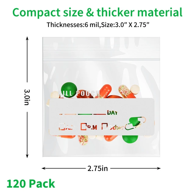 Alt view image 5 of 6 - Urekt Pill Pouch Bags 120 Pack, 6 Mil BPA Free Reusable, 3 x 2.75 Inch, Write on Label Clear Ziplock Seal Waterproof AM PM Medicine Organizer