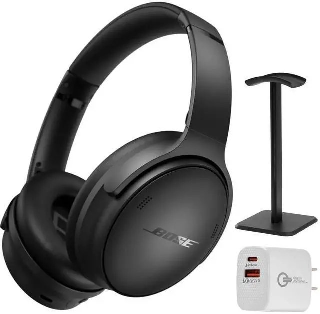 Main image of QuietComfort Headphones - Wireless Bluetooth Headphones Bundle (Black) | Active Over Ear Noise Cancelling and Mic + Desktop Headphone Stand + Green Extreme Dual Wall Charger