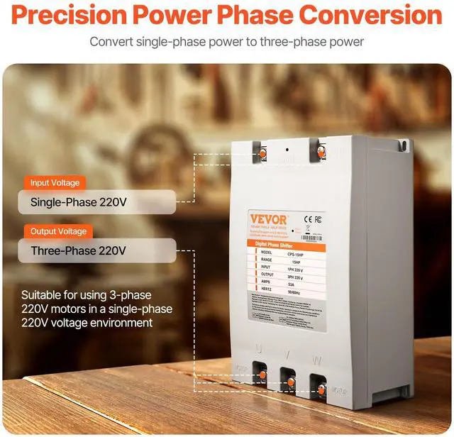 Alt view image 2 of 7 - 3 Phase Converter - 15HP 53A 220V Single Phase to 3 Phase Converter, 220V Input/Output, Digital Phase Shifter for Residential & Light Commercial Use (One Converter for One Motor Only)