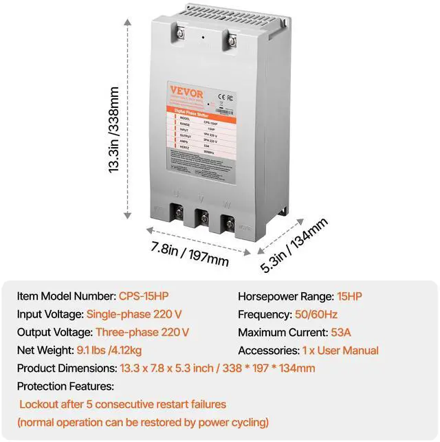 Alt view image 7 of 7 - 3 Phase Converter - 15HP 53A 220V Single Phase to 3 Phase Converter, 220V Input/Output, Digital Phase Shifter for Residential & Light Commercial Use (One Converter for One Motor Only)