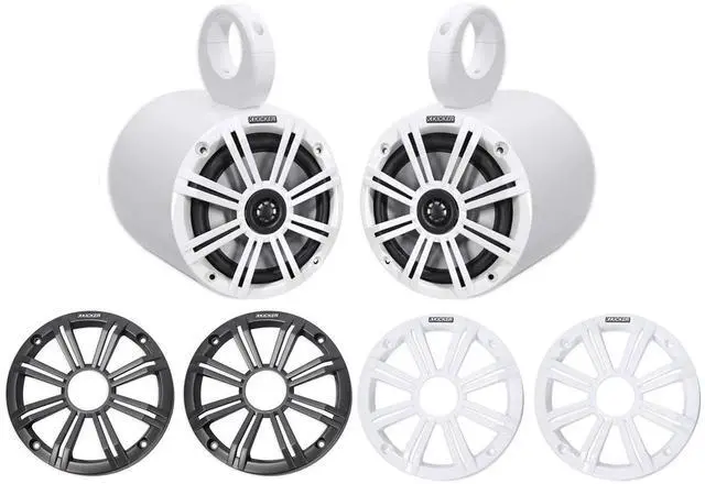 Main image of Pair 45KM654 6.5" 390w Marine Boat Speakers KM65 w/Charcoal with White Grilles Bundle with Pair Rockville MAC65W 6.5" White Aluminum Wakeboard Tower Speaker Pod Enclosures