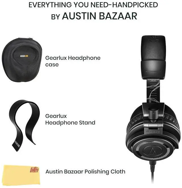 Alt view image 6 of 6 - ATH-M50XENSO Wired Monitor Headphones - Black Limited Edition Bundle with Case, Stand, and Austin Bazaar Polishing Cloth