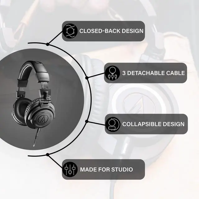 Alt view image 3 of 6 - ATH-M50XENSO Wired Monitor Headphones - Black Limited Edition Bundle with Case, Stand, and Austin Bazaar Polishing Cloth