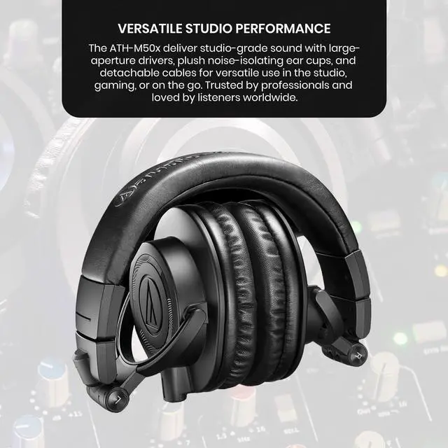 Alt view image 4 of 6 - ATH-M50XENSO Wired Monitor Headphones - Black Limited Edition Bundle with Case, Stand, and Austin Bazaar Polishing Cloth