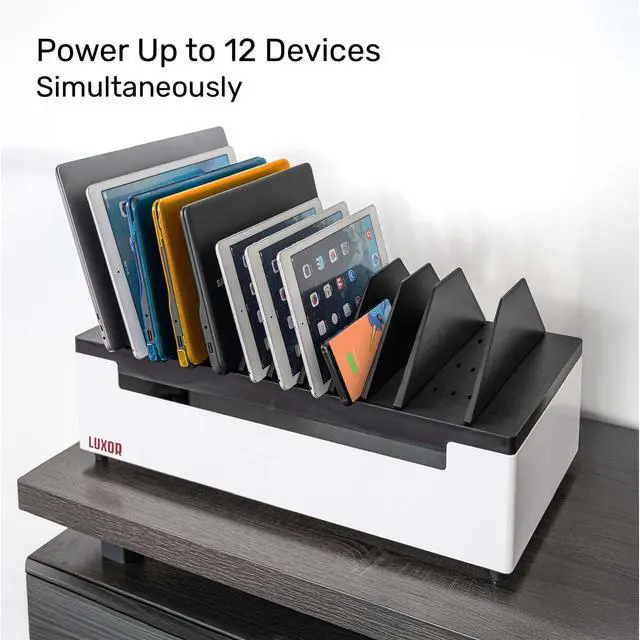 Alt view image 2 of 7 - Line Leader 12-Device Open Charging Station | Compact Desktop Charger for Laptops, Tablets, & Chromebooks | Space-Saving Design with Adjustable Dividers & UL Safety-Certified Power Strip