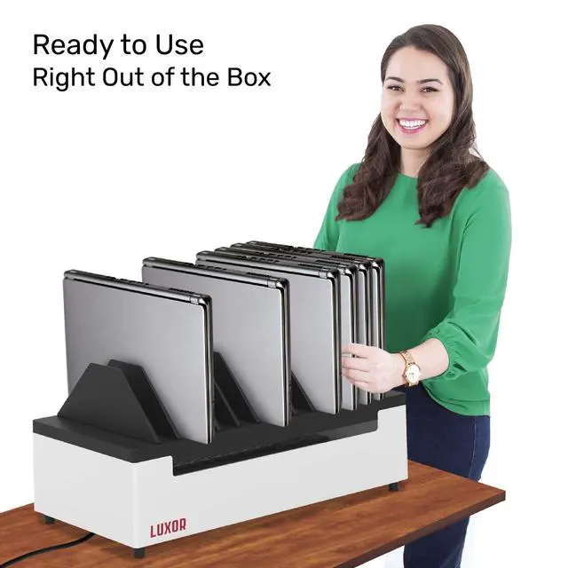 Alt view image 6 of 7 - Line Leader 12-Device Open Charging Station | Compact Desktop Charger for Laptops, Tablets, & Chromebooks | Space-Saving Design with Adjustable Dividers & UL Safety-Certified Power Strip
