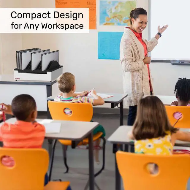 Alt view image 5 of 7 - Line Leader 12-Device Open Charging Station | Compact Desktop Charger for Laptops, Tablets, & Chromebooks | Space-Saving Design with Adjustable Dividers & UL Safety-Certified Power Strip