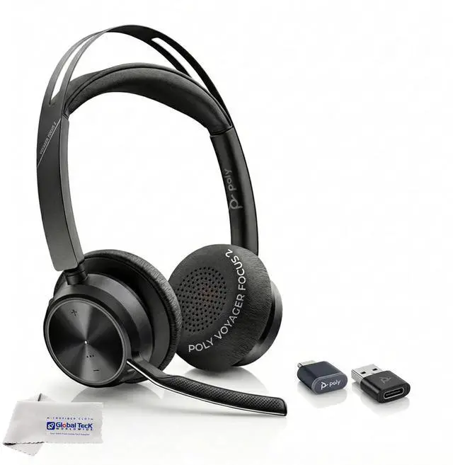 Main image of Poly Voyager Focus 2 Bluetooth Headset with Noise Blocking Mic - USB-C/A Dongle Adapters for PC using MS Teams, Zoom - Pairs to Both Cellphone and Laptop - Charging cable, and GTW Microfiber Cloth