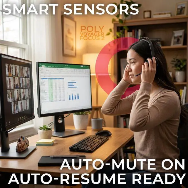 Alt view image 3 of 6 - Poly Voyager Focus 2 Bluetooth Headset with Noise Blocking Mic - USB-C/A Dongle Adapters for PC using MS Teams, Zoom - Pairs to Both Cellphone and Laptop - Charging cable, and GTW Microfiber Cloth