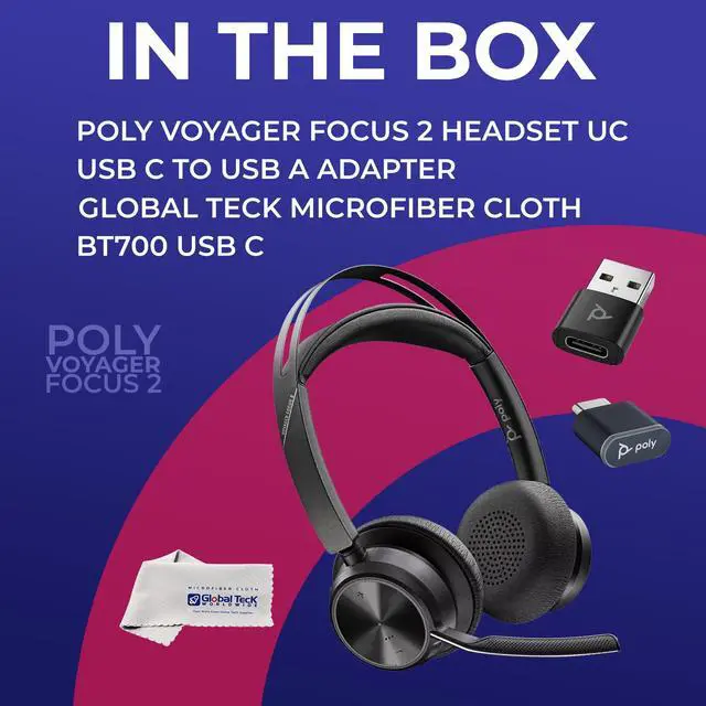 Alt view image 5 of 6 - Poly Voyager Focus 2 Bluetooth Headset with Noise Blocking Mic - USB-C/A Dongle Adapters for PC using MS Teams, Zoom - Pairs to Both Cellphone and Laptop - Charging cable, and GTW Microfiber Cloth