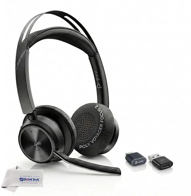 Main image of Poly Plantronics Voyager Focus 2 MS, Stereo Bluetooth Headset, USB-C for Teams, Connects to Laptop and Smartphone - Works with Zoom, RingCentral, 8x8, Vonage - w/USB C/A Adapter and GTW Cloth