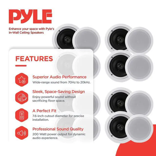 Alt view image 2 of 7 - 4 Pairs 6.5" 200W in Ceiling Wall Speakers, PDIC1661RD, White | 2 Way Flush Mount Stereo Speaker System Pair, Easy to Install Indoor Home Audio Set for Wide Range of Sound