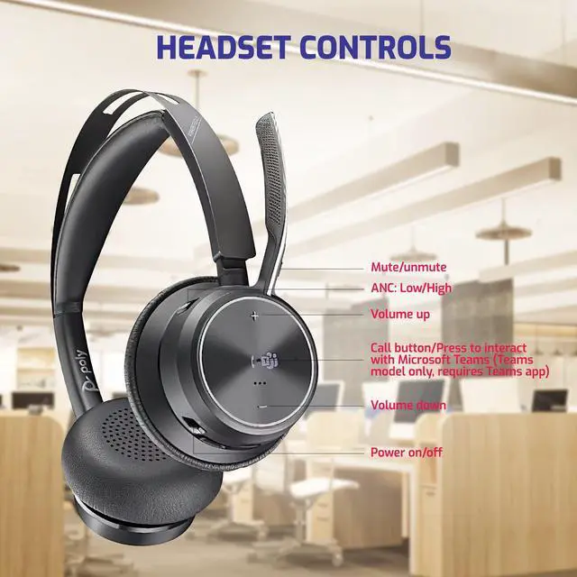 Alt view image 5 of 7 - Poly Plantronics Voyager Focus 2 MS, Stereo Bluetooth Headset, USB-C for Teams, Connects to Laptop and Smartphone - Works with Zoom, RingCentral, 8x8, Vonage - w/USB C/A Adapter and GTW Cloth