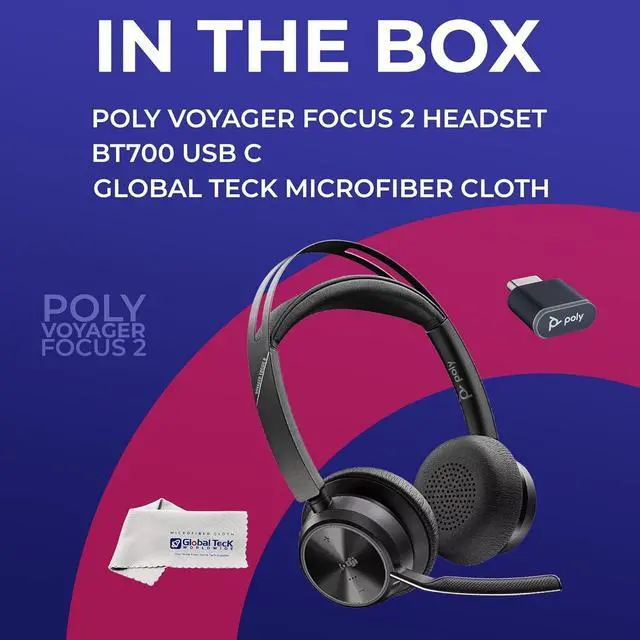 Alt view image 7 of 7 - Poly Plantronics Voyager Focus 2 MS, Stereo Bluetooth Headset, USB-C for Teams, Connects to Laptop and Smartphone - Works with Zoom, RingCentral, 8x8, Vonage - w/USB C/A Adapter and GTW Cloth