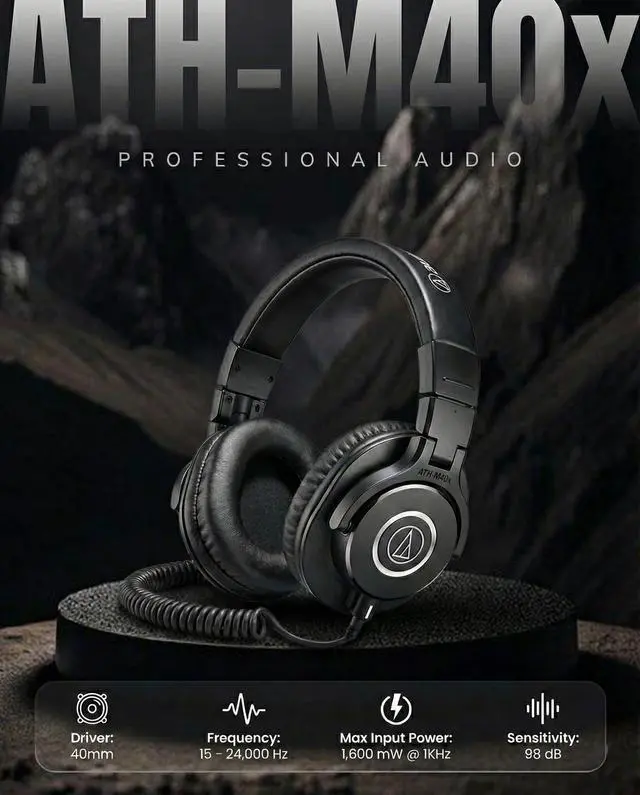 Alt view image 2 of 6 - ATH-M40x Professional Monitor Headphones - Black Bundle with Case, Stand, Pouch, and Austin Bazaar Polishing Cloth