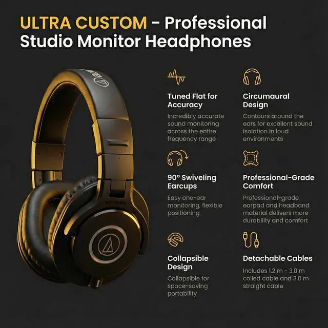 Alt view image 4 of 6 - ATH-M40x Professional Monitor Headphones - Black Bundle with Case, Stand, Pouch, and Austin Bazaar Polishing Cloth
