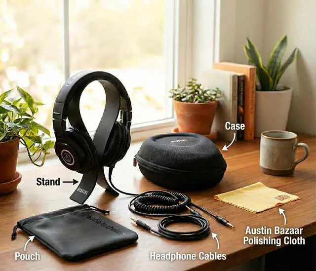 Alt view image 5 of 6 - ATH-M40x Professional Monitor Headphones - Black Bundle with Case, Stand, Pouch, and Austin Bazaar Polishing Cloth