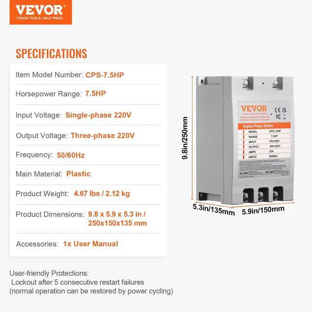 Alt view image 7 of 7 - 3 Phase Converter - 7.5HP 23A 220V Single Phase to 3 Phase Converter, 220V Input/Output, Digital Phase Shifter for Residential & Light Commercial Use (One Converter for One Motor Only)