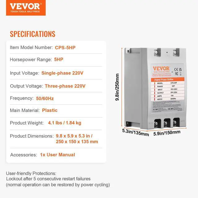 Alt view image 7 of 7 - 3 Phase Converter - 5HP 15A 220V Single Phase to 3 Phase Converter, Digital Phase Shifter for Residential and Light Commercial Use, 220V Input/Output (One Converter for One Motor Only)