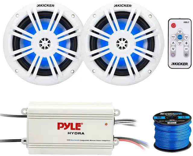 Main image of 51KM604WL KM 6.5" 150 Watts Max Power 4 ohms RGB LED Marine Coaxial Speakers (Pair), LED Controller, 4 Channel Bluetooth Waterproof Power Amplifier, 50 Feet 16 Gauge Speaker Wire