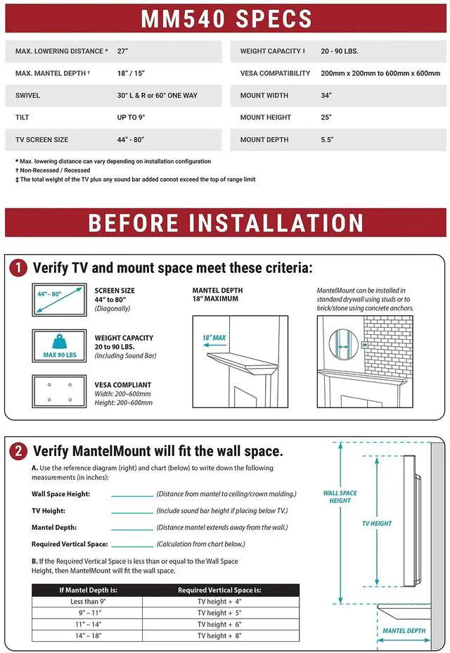 Main image of MM540 - Above Fireplace Pull Down TV Mount for 44" to 80" Screen TVs to 90 lbs, with Patented auto-straightening, Adjustable Stops, Heat Sensor Handles & Paintable Covers