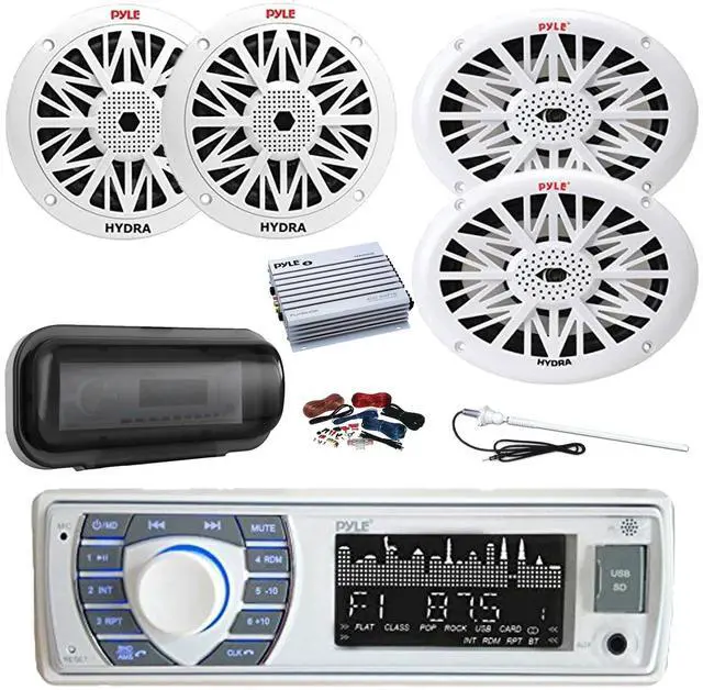 Main image of Pyle PLRMR23BTW Single DIN Bluetooth Marine MP3 AM/FM Stereo Receiver, Cover, 4-Channel Amplifier w/Kit, 2X 6.5 200W Full Range 2-Way Waterproof Speakers, 2X 6x9 260W Outdoor Speakers, Antenna