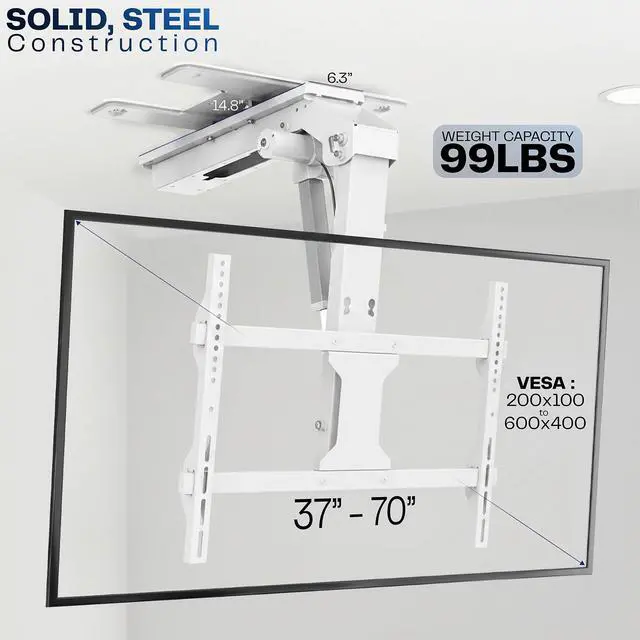 Alt view image 3 of 7 - Swivel Electric Ceiling TV Mount, 37-70 in Screens, MOUNT-E-FD75CW-S | White, Swiveling, Large Motorized Flip Down, Flat Roof VESA Mount, Heavy Duty Steel, App and Voice Control, Holds 99 lbs
