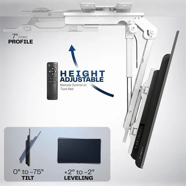Alt view image 5 of 7 - Swivel Electric Ceiling TV Mount, 37-70 in Screens, MOUNT-E-FD75CW-S | White, Swiveling, Large Motorized Flip Down, Flat Roof VESA Mount, Heavy Duty Steel, App and Voice Control, Holds 99 lbs