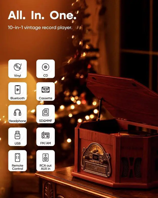 Alt view image 2 of 6 - 10-in-1 Record Player, Nostalgic Turntable for Vinyl Record with Bluetooth, 2 Built-in Speakers, CD, Cassette, AM/FM Radio, USB, SD Slot, Remote Control